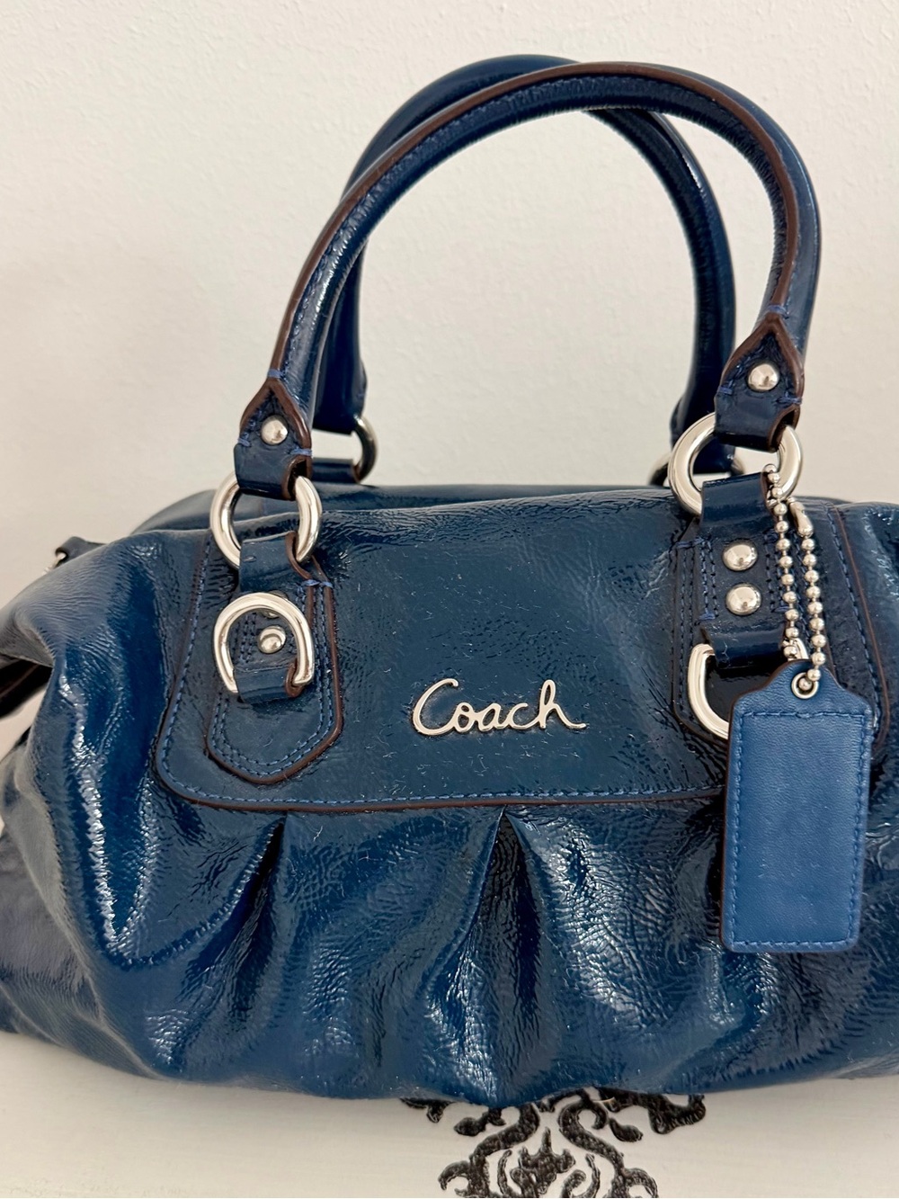 Coach Navy Patent Leather Satchel with Double Handles